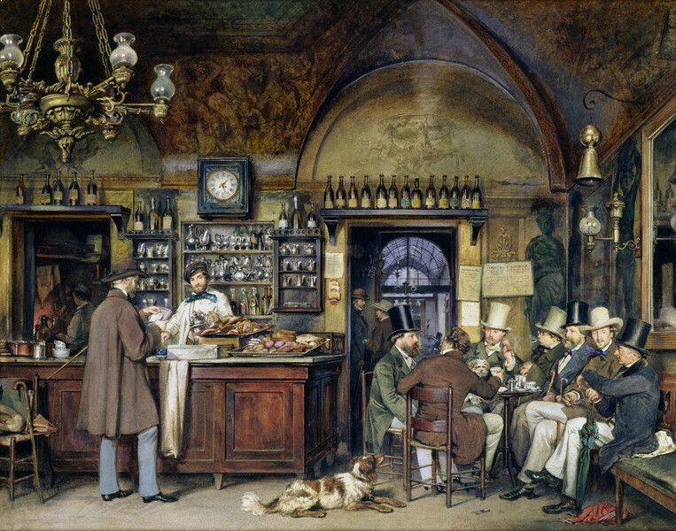 A painting of an old cafe in Rome.